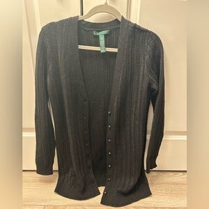 Lauren Ralph Lauren Black Knit Button Down Open Cardigan Wool Rabbit Metallic Sm